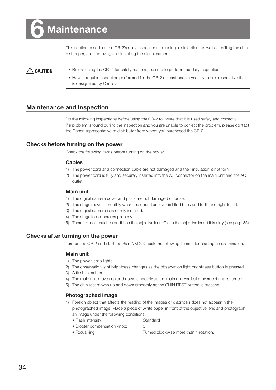 6 maintenance, Maintenance and inspection, Maintenance | Canon CR-2 User Manual | Page 34 / 48