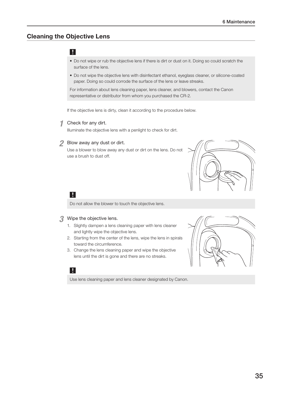 Cleaning the objective lens | Canon CR-2 User Manual | Page 35 / 48