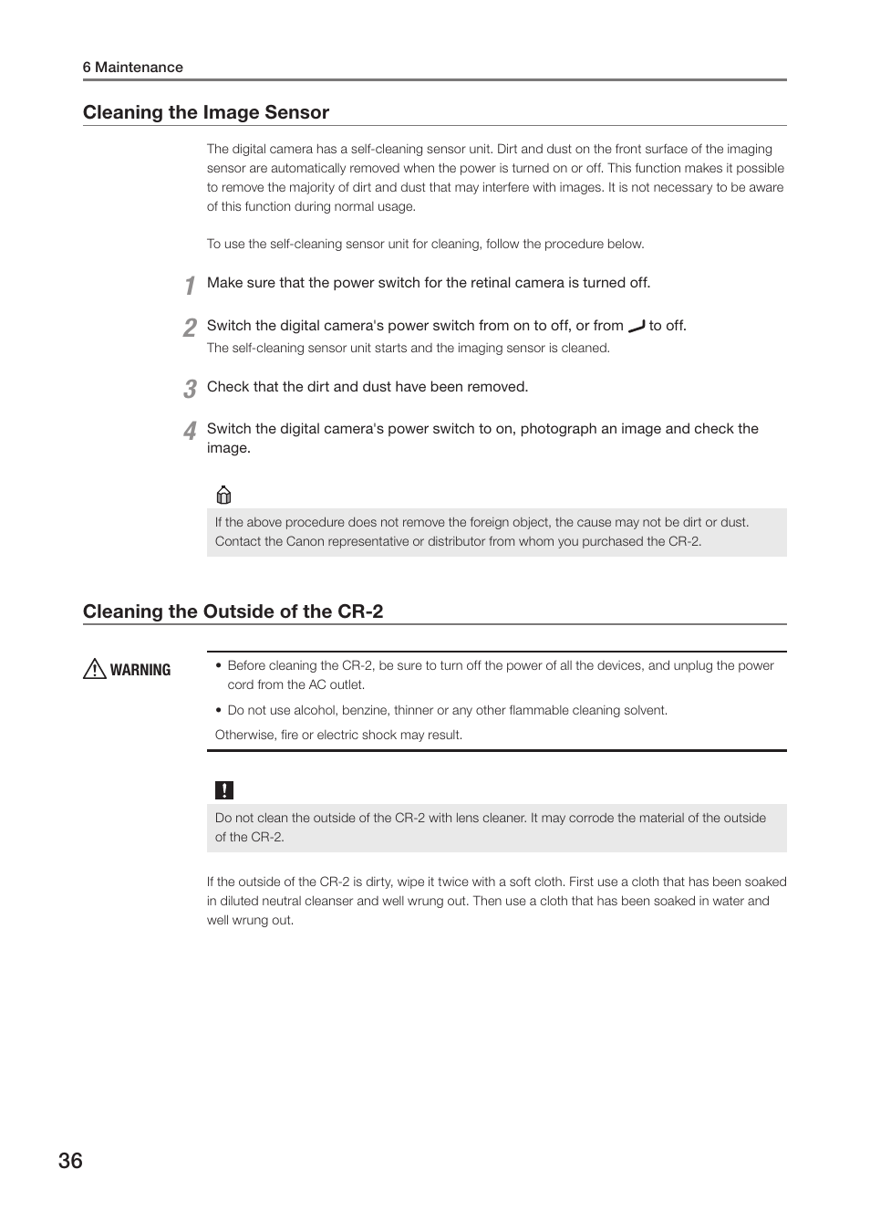 Cleaning the image sensor, Cleaning the outside of the cr-2 | Canon CR-2 User Manual | Page 36 / 48