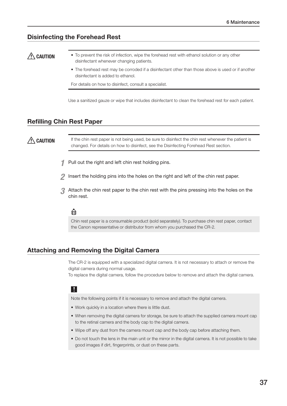 Disinfecting the forehead rest, Refilling chin rest paper, Attaching and removing the digital camera | Canon CR-2 User Manual | Page 37 / 48