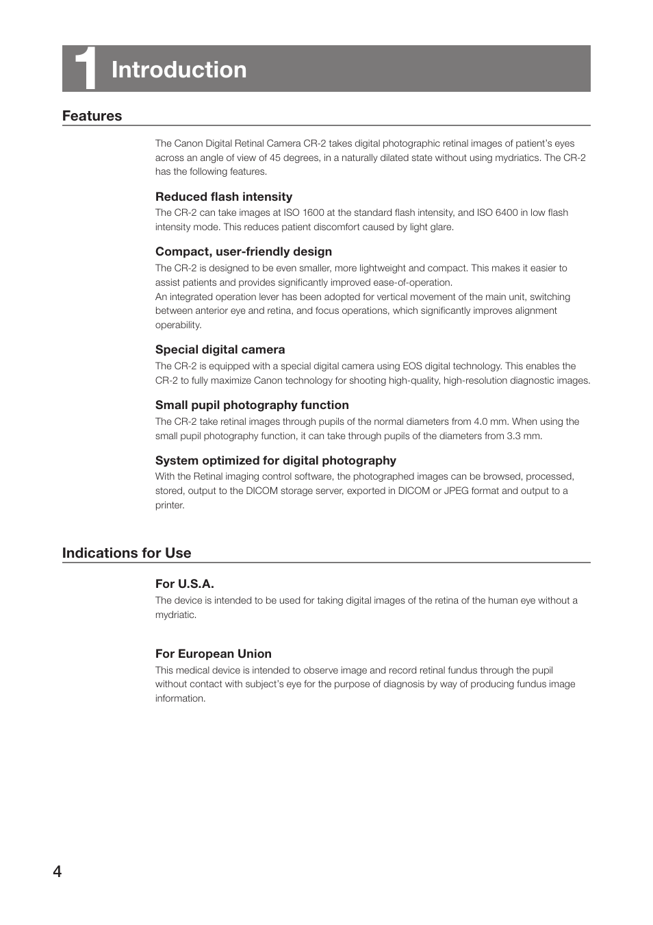 1 introduction, Features, Indications for use | Features indications for use, Introduction | Canon CR-2 User Manual | Page 4 / 48