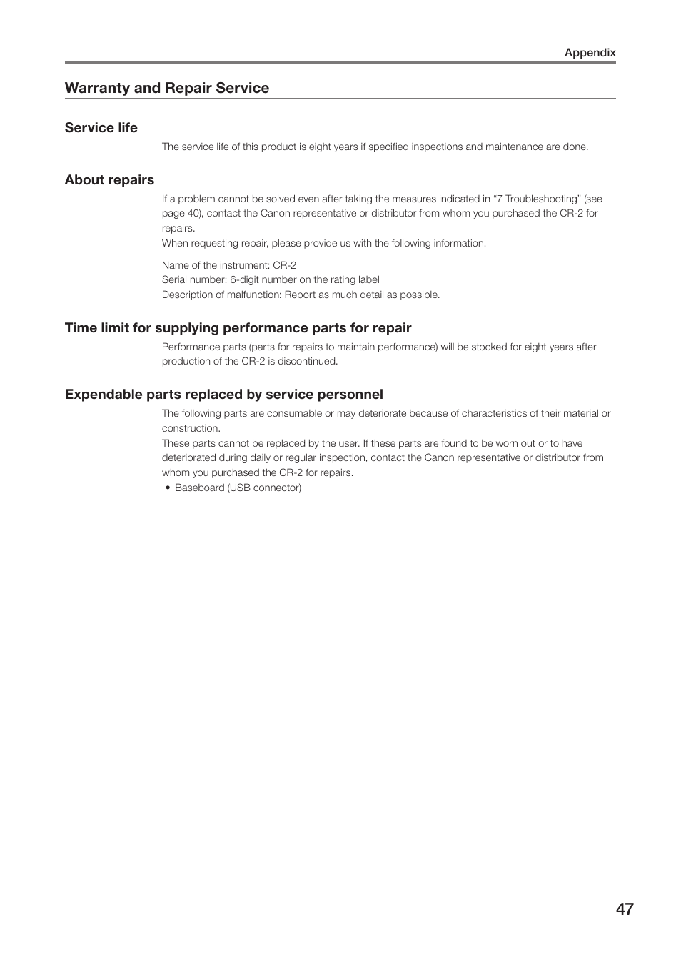 Warranty and repair service | Canon CR-2 User Manual | Page 47 / 48