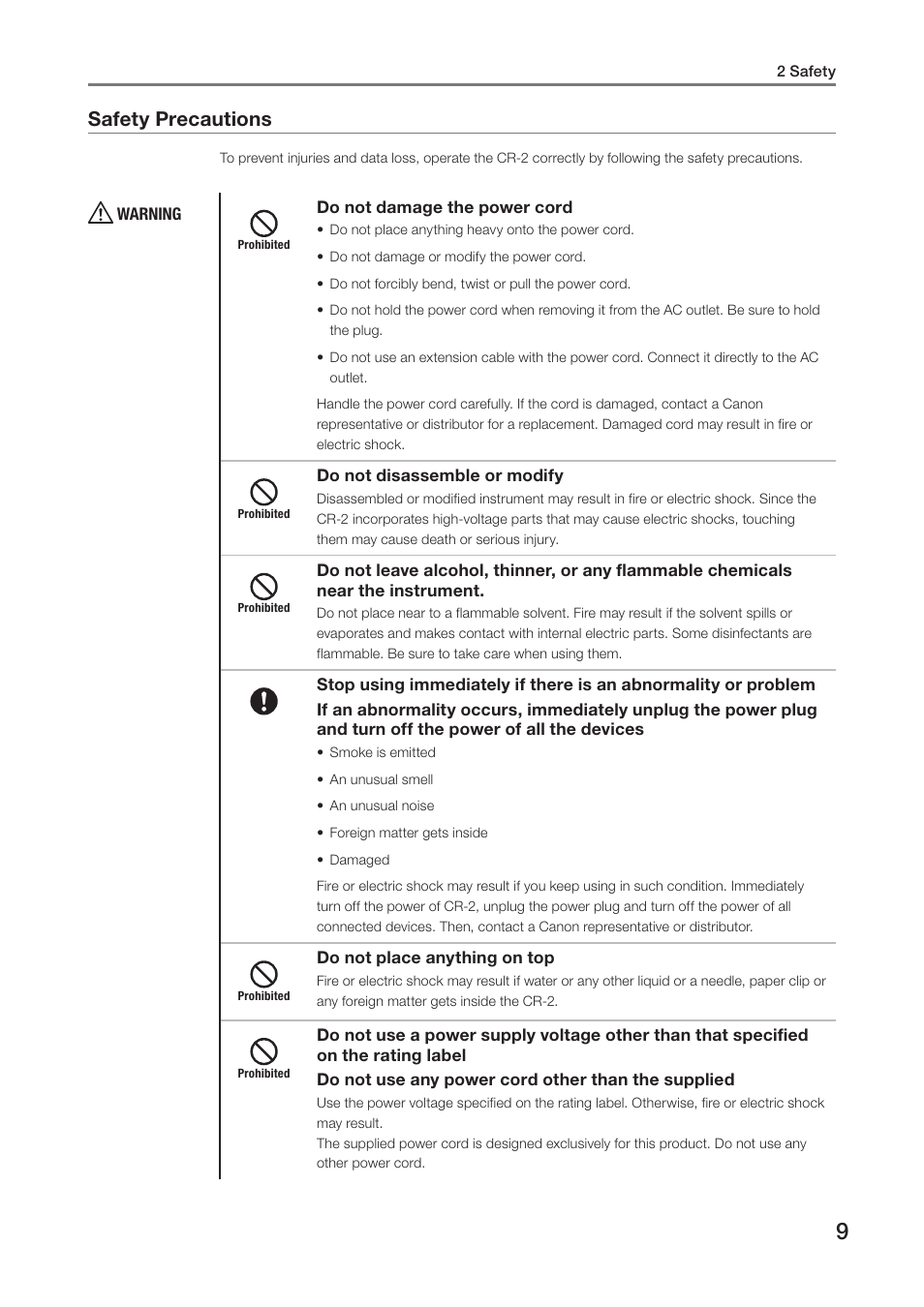 Safety precautions | Canon CR-2 User Manual | Page 9 / 48