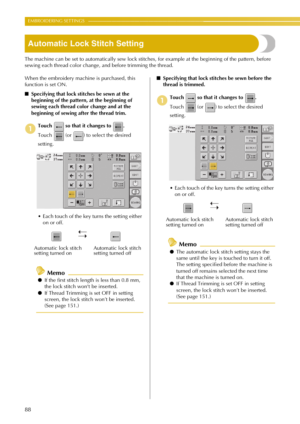 Automatic lock stitch setting | Baby Lock EmbroideryPro_BMP8_InstructionRef (BMP8) Instruction and Reference Guide User Manual | Page 105 / 238