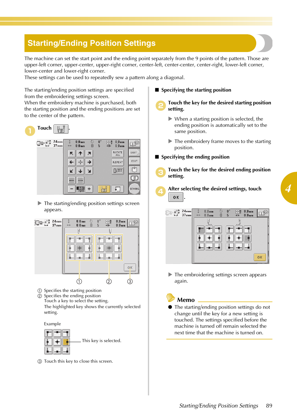 Starting/ending position settings | Baby Lock EmbroideryPro_BMP8_InstructionRef (BMP8) Instruction and Reference Guide User Manual | Page 106 / 238