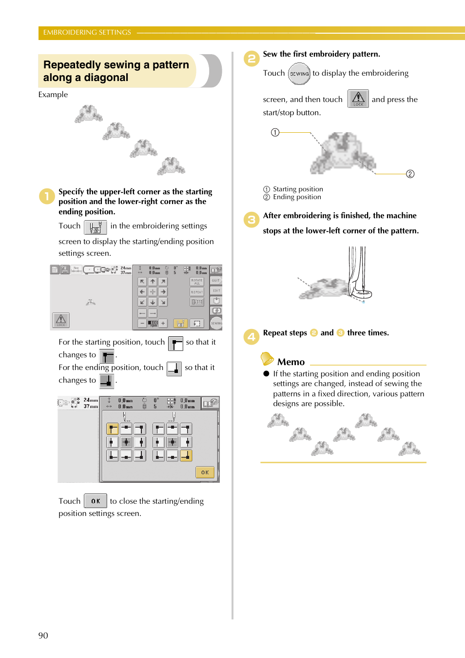 Repeatedly sewing a pattern along a diagonal | Baby Lock EmbroideryPro_BMP8_InstructionRef (BMP8) Instruction and Reference Guide User Manual | Page 107 / 238