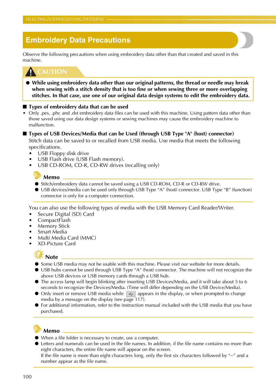 Embroidery data precautions, Caution | Baby Lock EmbroideryPro_BMP8_InstructionRef (BMP8) Instruction and Reference Guide User Manual | Page 117 / 238