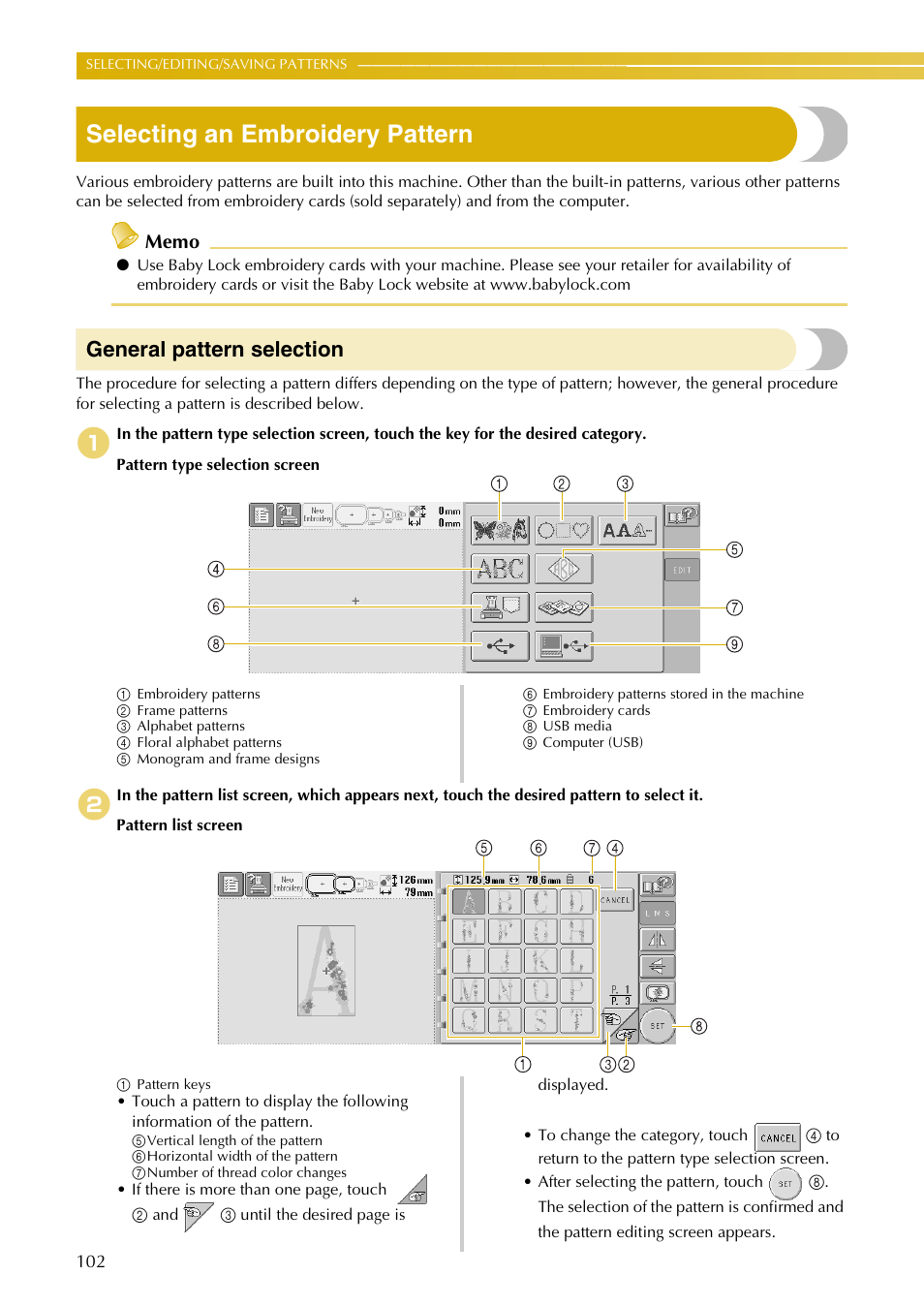 Selecting an embroidery pattern, General pattern selection | Baby Lock EmbroideryPro_BMP8_InstructionRef (BMP8) Instruction and Reference Guide User Manual | Page 119 / 238