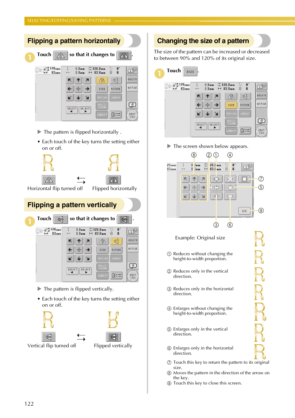 Flipping a pattern horizontally, Flipping a pattern vertically, Changing the size of a pattern | Baby Lock EmbroideryPro_BMP8_InstructionRef (BMP8) Instruction and Reference Guide User Manual | Page 139 / 238