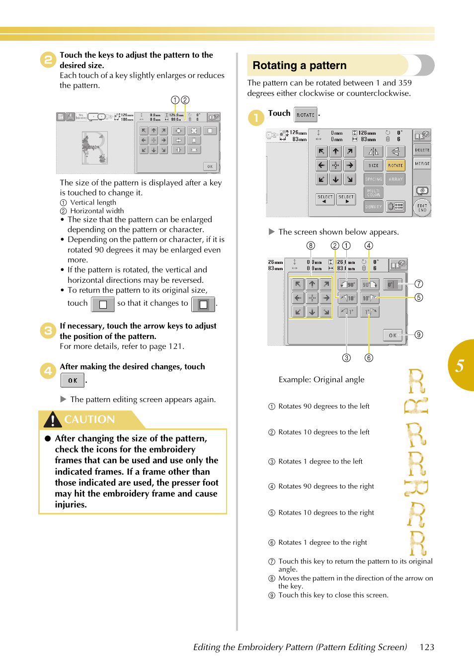 Rotating a pattern, Caution | Baby Lock EmbroideryPro_BMP8_InstructionRef (BMP8) Instruction and Reference Guide User Manual | Page 140 / 238