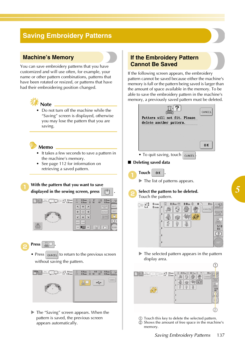 Saving embroidery patterns, If the embroidery pattern cannot be saved | Baby Lock EmbroideryPro_BMP8_InstructionRef (BMP8) Instruction and Reference Guide User Manual | Page 154 / 238