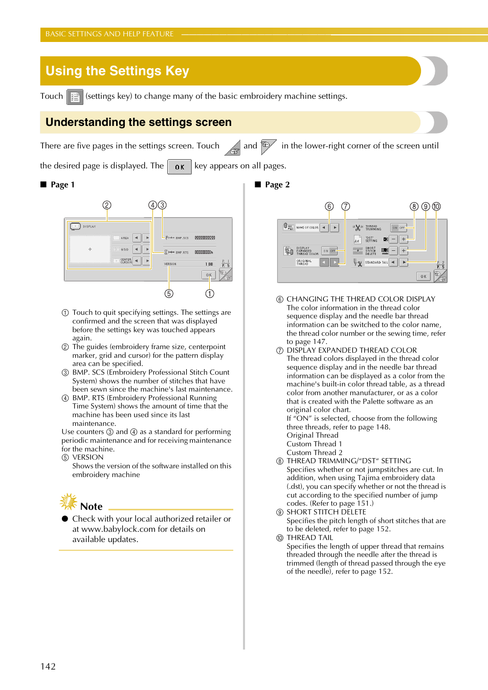 Using the settings key, Understanding the settings screen | Baby Lock EmbroideryPro_BMP8_InstructionRef (BMP8) Instruction and Reference Guide User Manual | Page 159 / 238