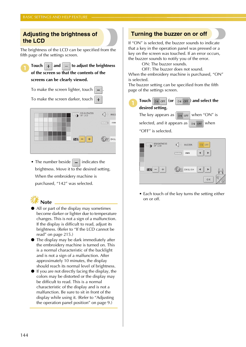 Adjusting the brightness of the lcd, Turning the buzzer on or off | Baby Lock EmbroideryPro_BMP8_InstructionRef (BMP8) Instruction and Reference Guide User Manual | Page 161 / 238