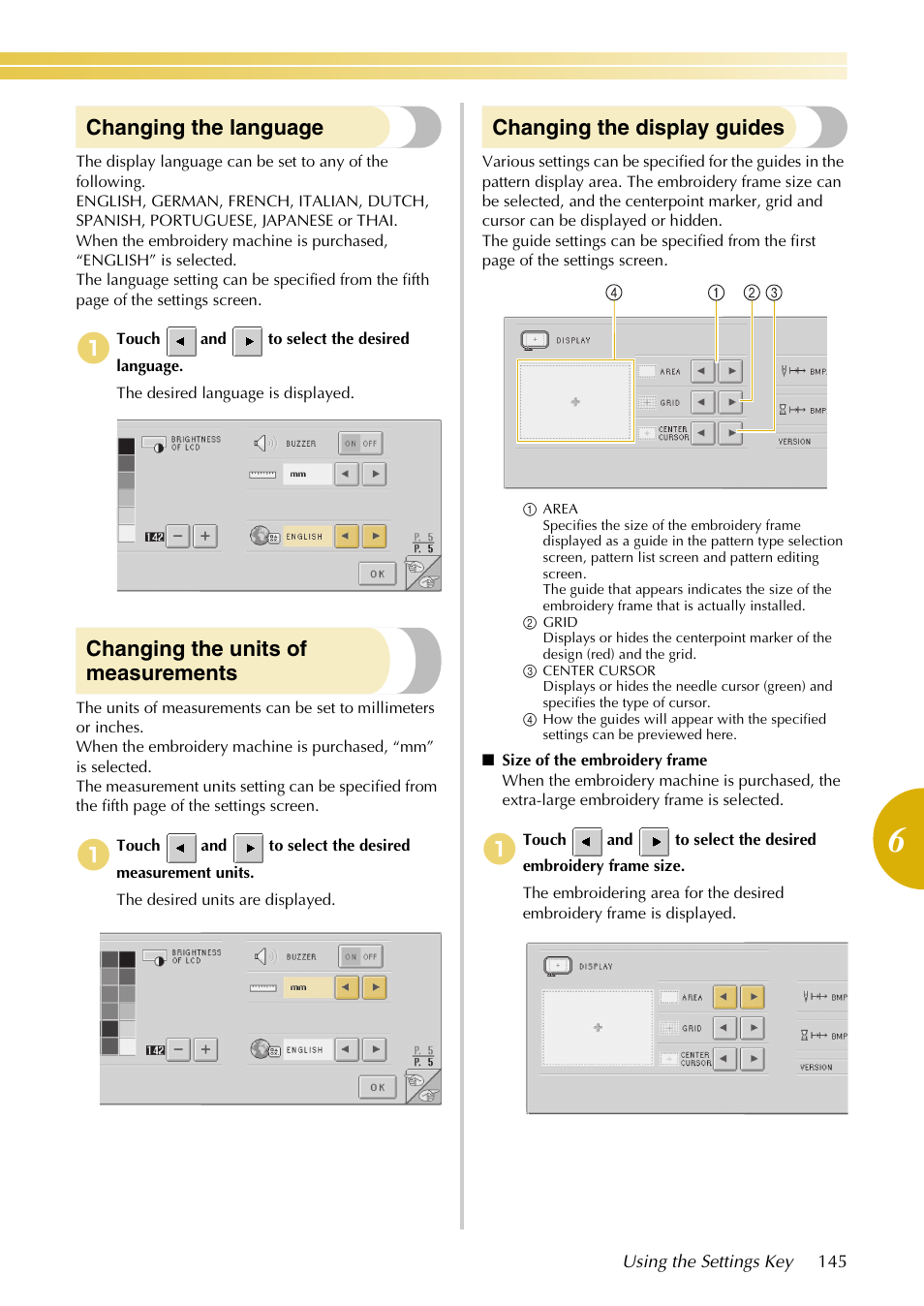 Changing the language, Changing the units of measurements, Changing the display guides | Baby Lock EmbroideryPro_BMP8_InstructionRef (BMP8) Instruction and Reference Guide User Manual | Page 162 / 238