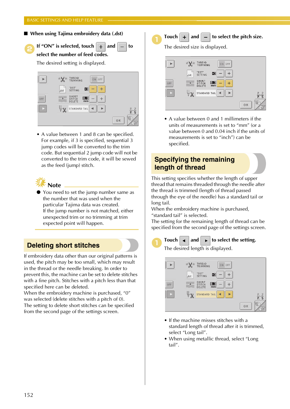 Deleting short stitches, Specifying the remaining length of thread | Baby Lock EmbroideryPro_BMP8_InstructionRef (BMP8) Instruction and Reference Guide User Manual | Page 169 / 238