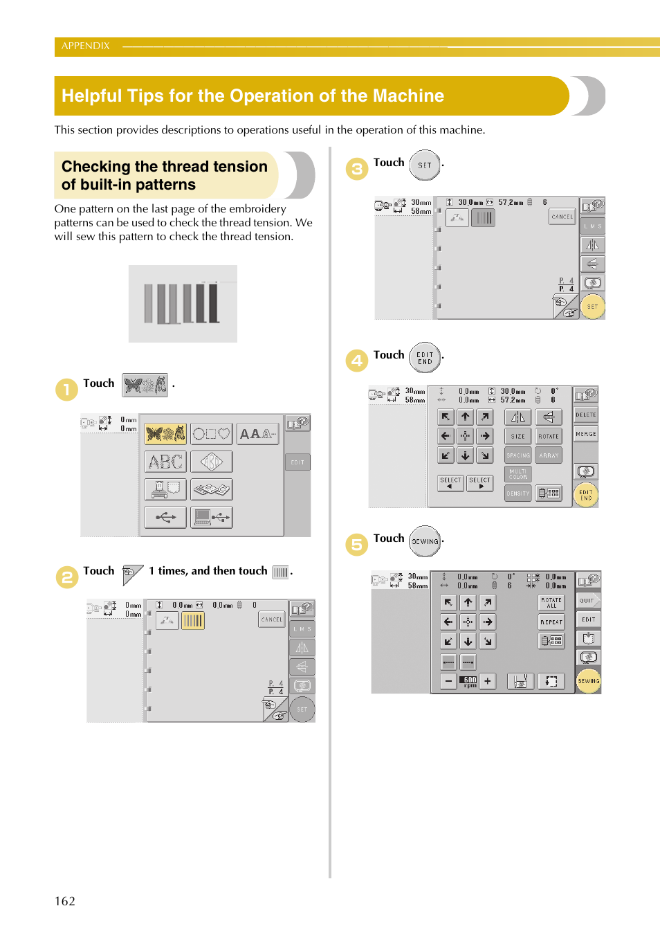 Helpful tips for the operation of the machine, Checking the thread tension of built-in patterns | Baby Lock EmbroideryPro_BMP8_InstructionRef (BMP8) Instruction and Reference Guide User Manual | Page 179 / 238