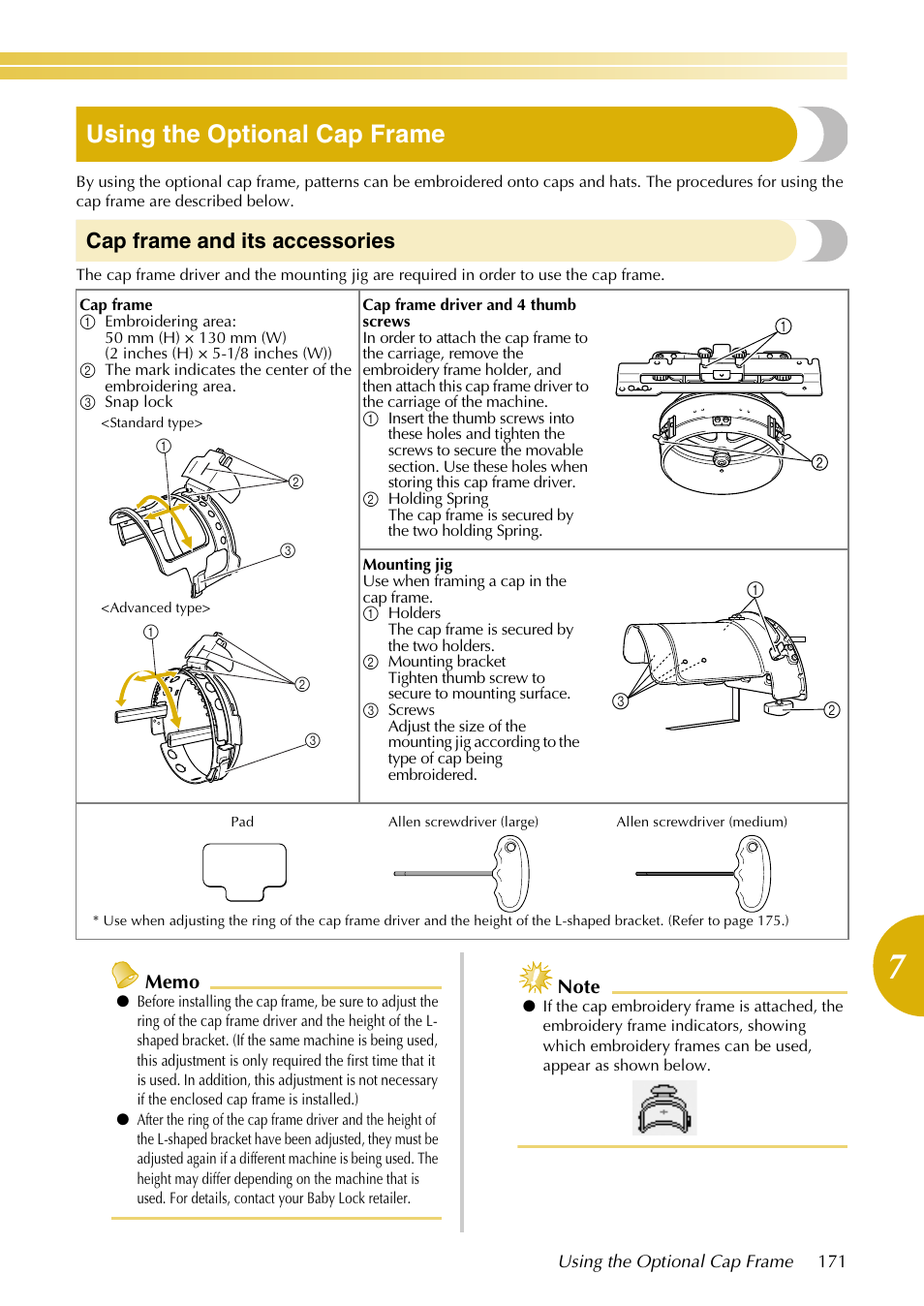 Using the optional cap frame, Cap frame and its accessories | Baby Lock EmbroideryPro_BMP8_InstructionRef (BMP8) Instruction and Reference Guide User Manual | Page 188 / 238