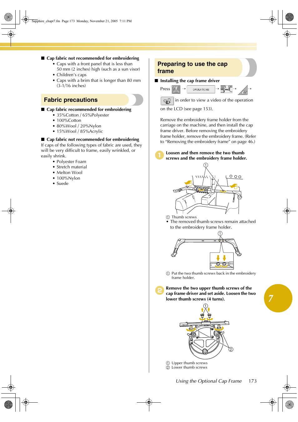Fabric precautions, Preparing to use the cap frame | Baby Lock EmbroideryPro_BMP8_InstructionRef (BMP8) Instruction and Reference Guide User Manual | Page 190 / 238