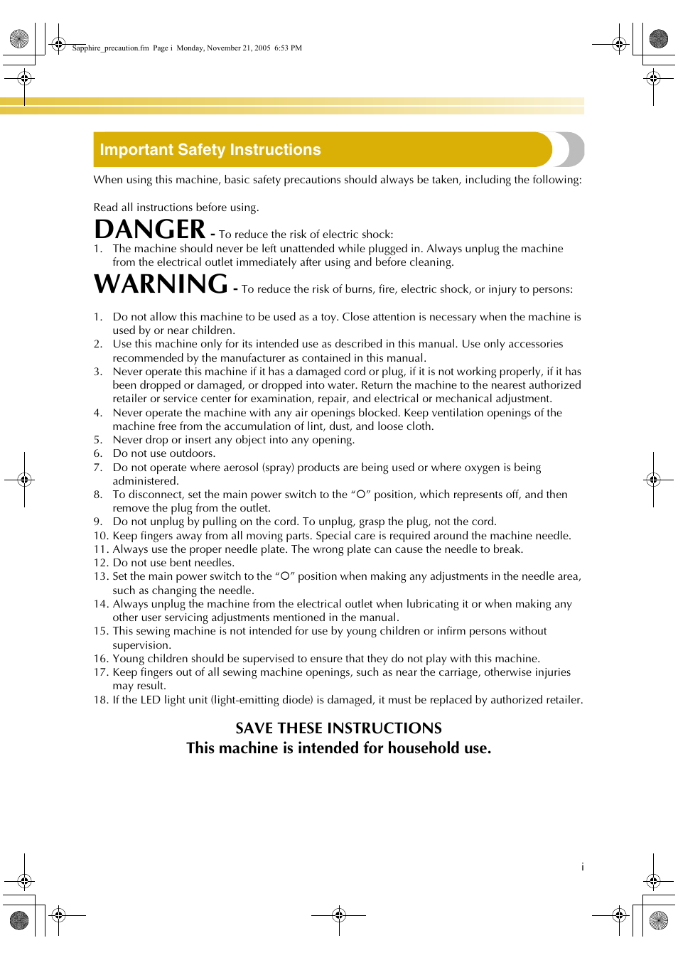 Danger, Warning, Important safety instructions | Baby Lock EmbroideryPro_BMP8_InstructionRef (BMP8) Instruction and Reference Guide User Manual | Page 2 / 238
