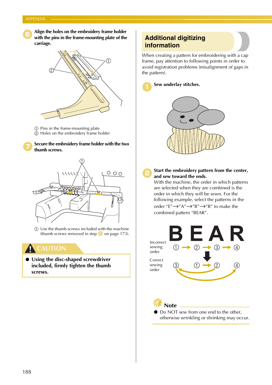 Additional digitizing information, Caution | Baby Lock EmbroideryPro_BMP8_InstructionRef (BMP8) Instruction and Reference Guide User Manual | Page 205 / 238