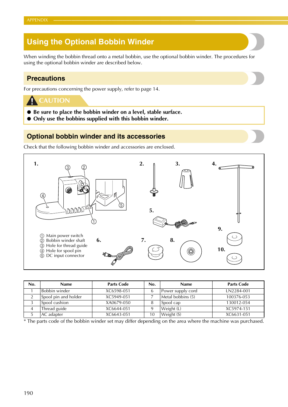 Using the optional bobbin winder, Precautions, Optional bobbin winder and its accessories | Caution | Baby Lock EmbroideryPro_BMP8_InstructionRef (BMP8) Instruction and Reference Guide User Manual | Page 207 / 238