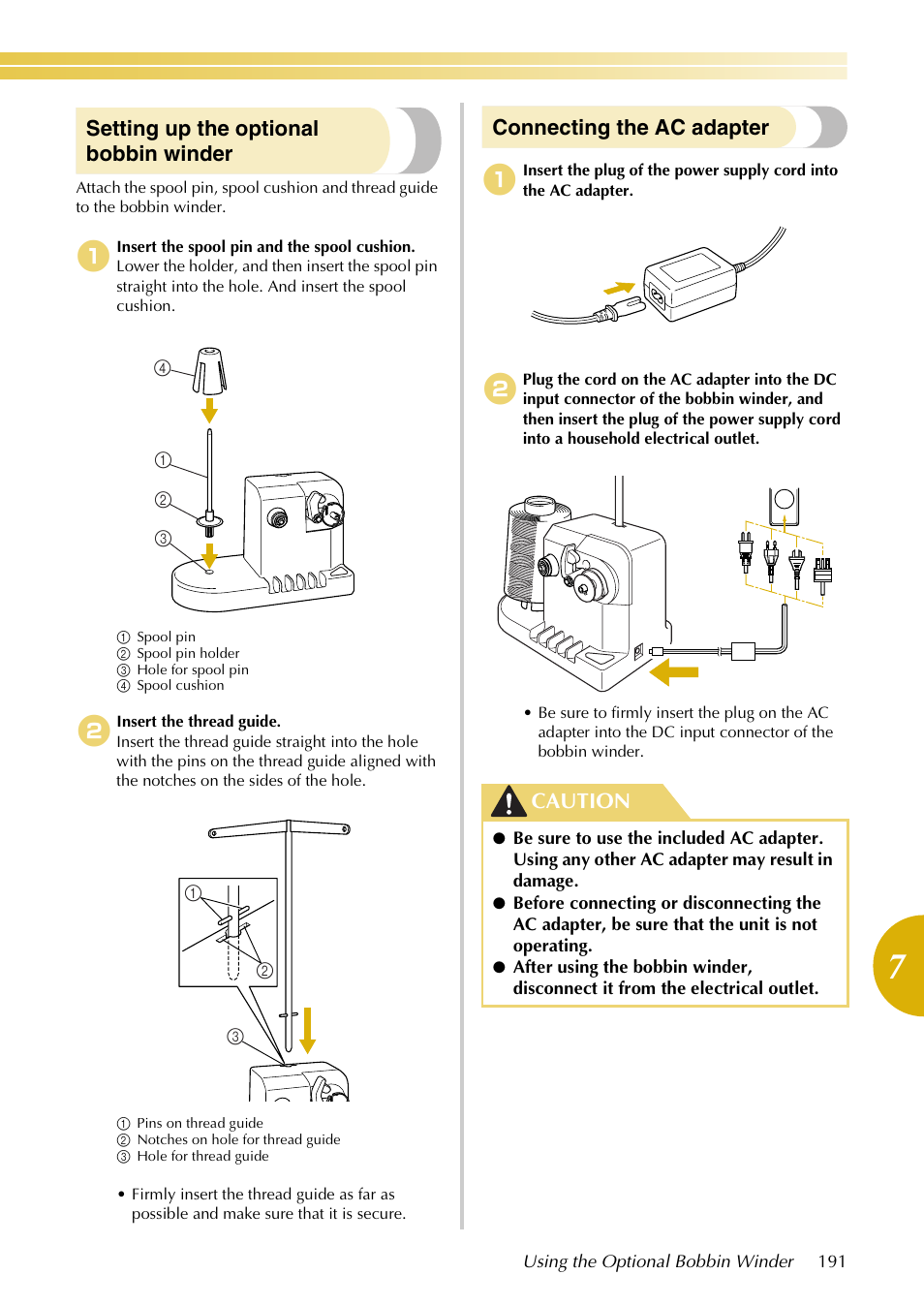 Setting up the optional bobbin winder, Connecting the ac adapter, Caution | Baby Lock EmbroideryPro_BMP8_InstructionRef (BMP8) Instruction and Reference Guide User Manual | Page 208 / 238