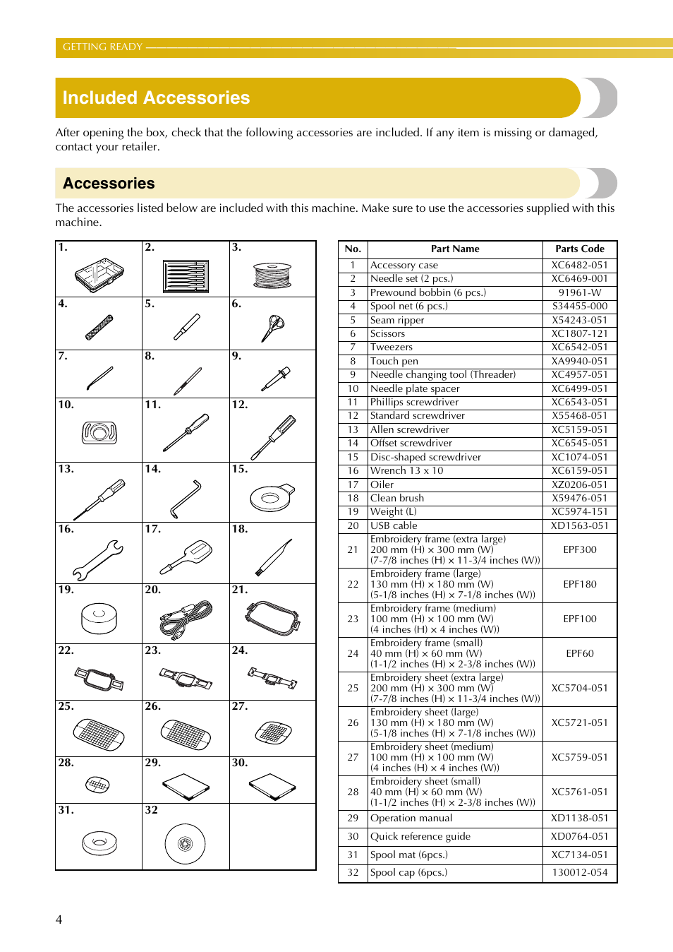 Included accessories, Accessories | Baby Lock EmbroideryPro_BMP8_InstructionRef (BMP8) Instruction and Reference Guide User Manual | Page 21 / 238