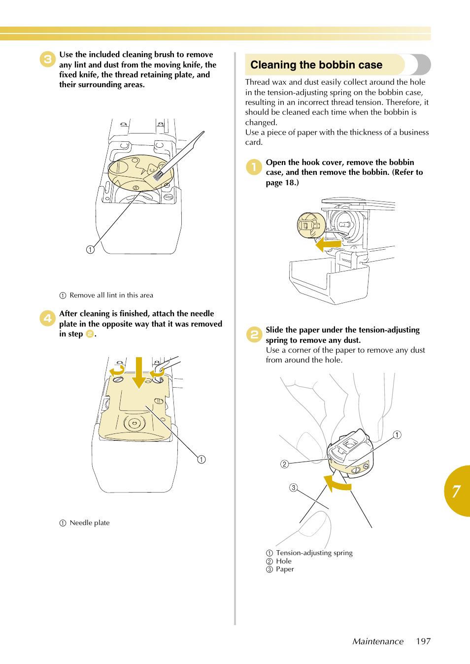 Cleaning the bobbin case | Baby Lock EmbroideryPro_BMP8_InstructionRef (BMP8) Instruction and Reference Guide User Manual | Page 214 / 238