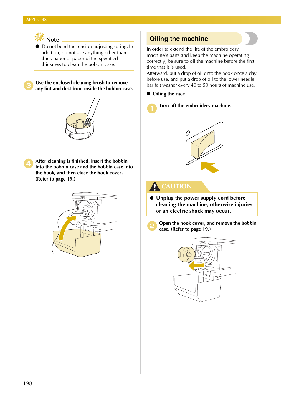 Oiling the machine, Caution | Baby Lock EmbroideryPro_BMP8_InstructionRef (BMP8) Instruction and Reference Guide User Manual | Page 215 / 238
