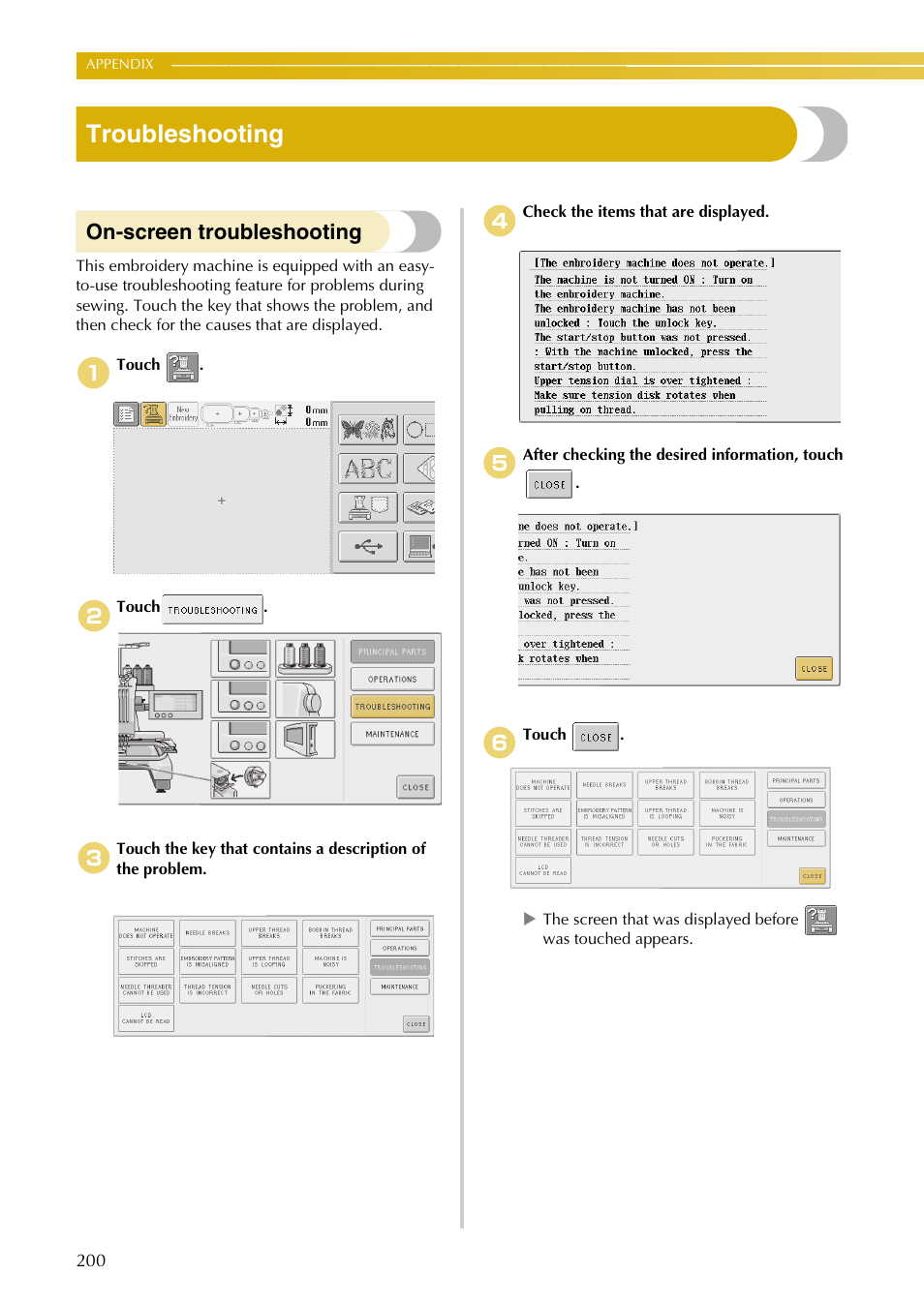 Troubleshooting, On-screen troubleshooting | Baby Lock EmbroideryPro_BMP8_InstructionRef (BMP8) Instruction and Reference Guide User Manual | Page 217 / 238