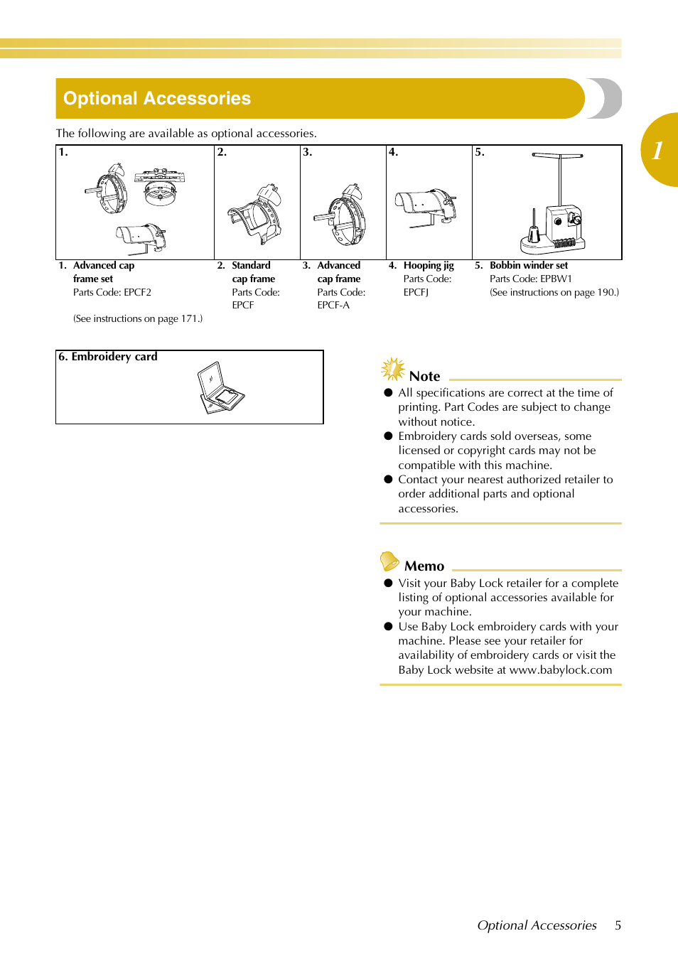Optional accessories | Baby Lock EmbroideryPro_BMP8_InstructionRef (BMP8) Instruction and Reference Guide User Manual | Page 22 / 238