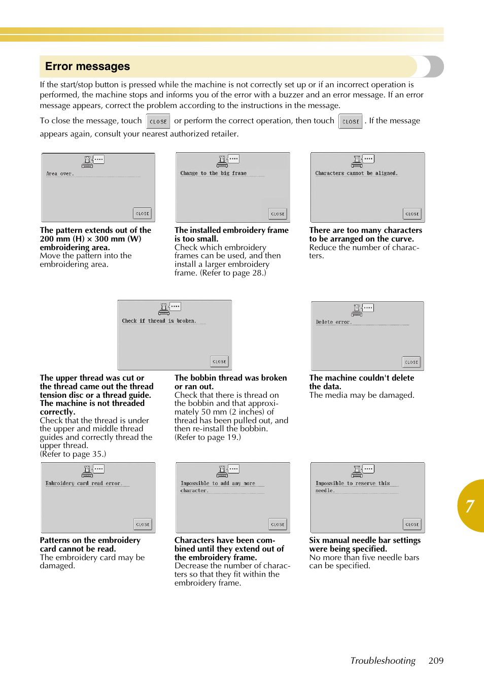 Error messages | Baby Lock EmbroideryPro_BMP8_InstructionRef (BMP8) Instruction and Reference Guide User Manual | Page 226 / 238