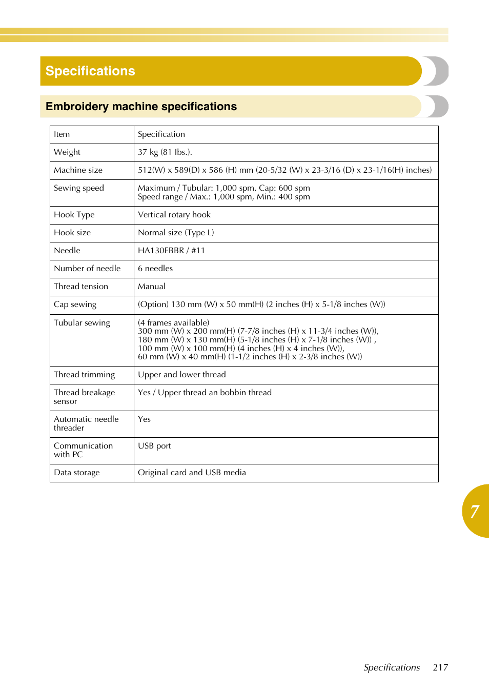 Specifications, Embroidery machine specifications | Baby Lock EmbroideryPro_BMP8_InstructionRef (BMP8) Instruction and Reference Guide User Manual | Page 234 / 238