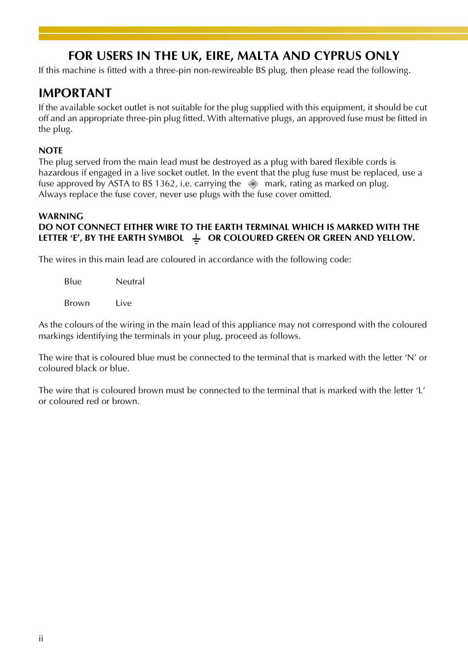 For users in the uk, eire, malta and cyprus only, Important | Baby Lock EmbroideryPro_BMP8_InstructionRef (BMP8) Instruction and Reference Guide User Manual | Page 3 / 238