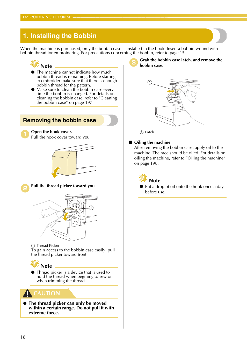 Installing the bobbin, Removing the bobbin case, Caution | Baby Lock EmbroideryPro_BMP8_InstructionRef (BMP8) Instruction and Reference Guide User Manual | Page 35 / 238