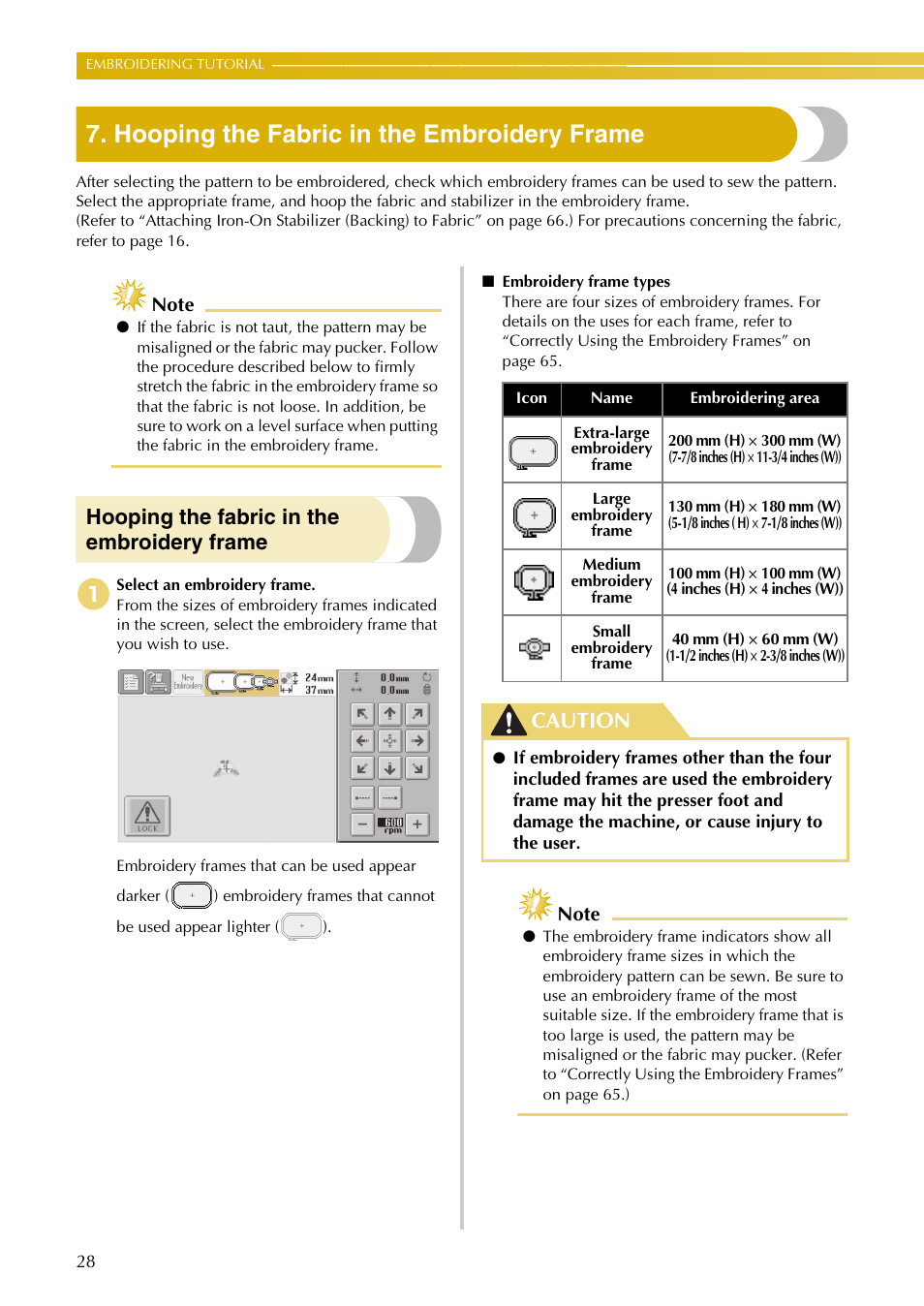 Hooping the fabric in the embroidery frame, Caution | Baby Lock EmbroideryPro_BMP8_InstructionRef (BMP8) Instruction and Reference Guide User Manual | Page 45 / 238