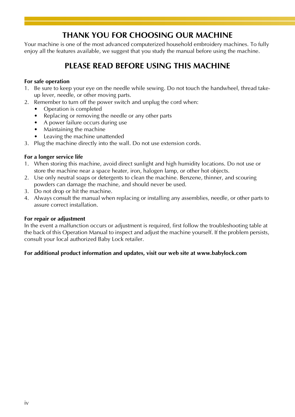 Please read before using this machine | Baby Lock EmbroideryPro_BMP8_InstructionRef (BMP8) Instruction and Reference Guide User Manual | Page 5 / 238