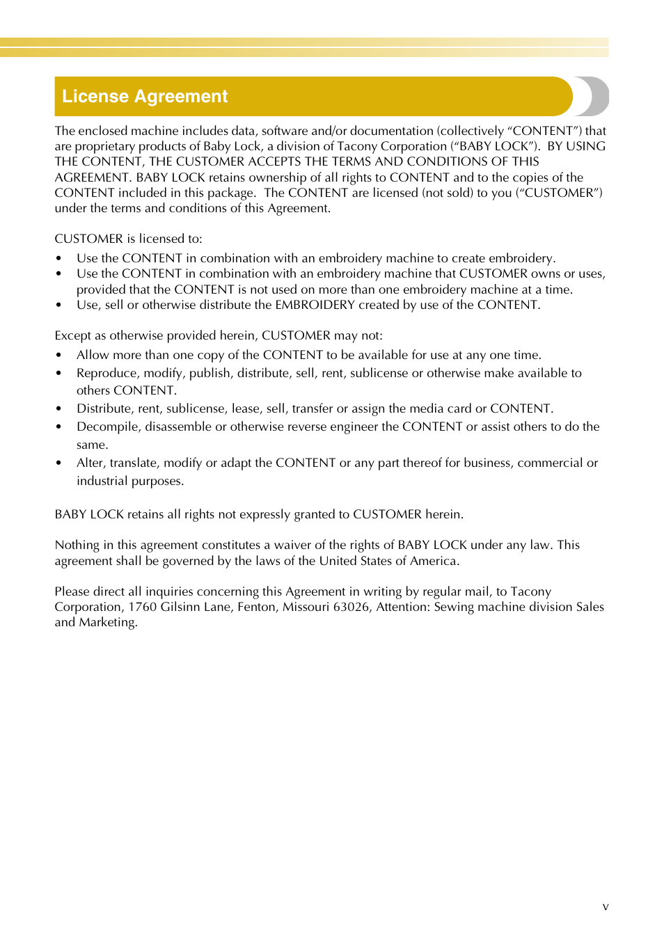 License agreement | Baby Lock EmbroideryPro_BMP8_InstructionRef (BMP8) Instruction and Reference Guide User Manual | Page 6 / 238