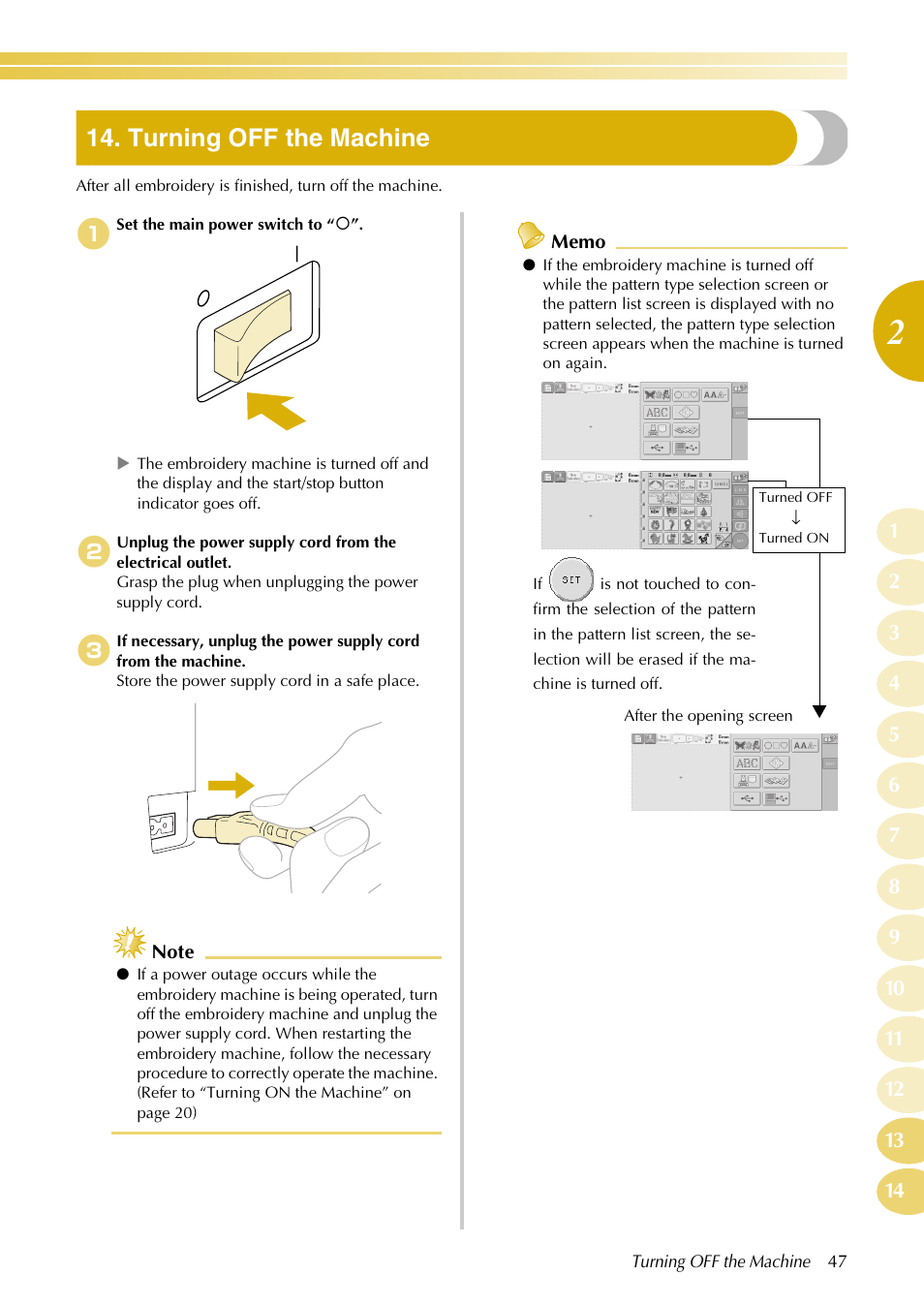 Turning off the machine | Baby Lock EmbroideryPro_BMP8_InstructionRef (BMP8) Instruction and Reference Guide User Manual | Page 64 / 238