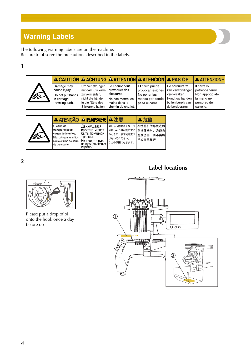 Warning labels | Baby Lock EmbroideryPro_BMP8_InstructionRef (BMP8) Instruction and Reference Guide User Manual | Page 7 / 238