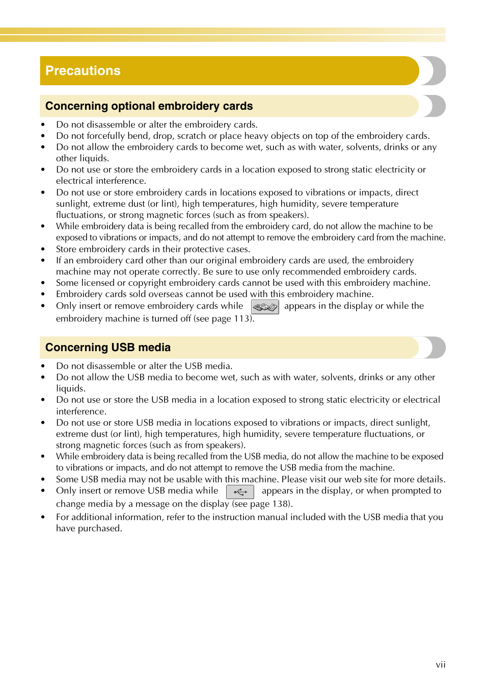 Precautions, Concerning optional embroidery cards, Concerning usb media | Baby Lock EmbroideryPro_BMP8_InstructionRef (BMP8) Instruction and Reference Guide User Manual | Page 8 / 238