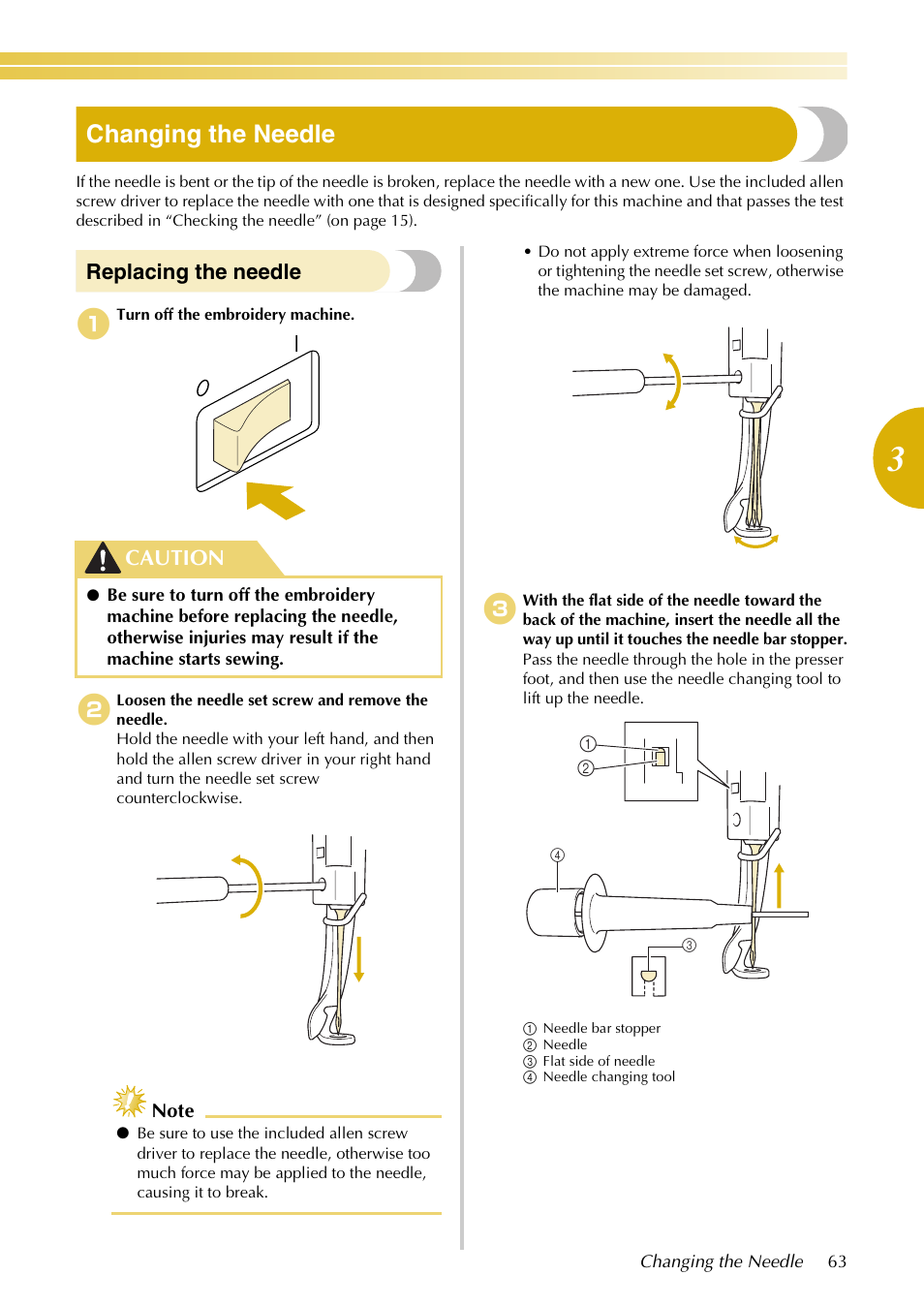 Changing the needle, Replacing the needle, Caution | Baby Lock EmbroideryPro_BMP8_InstructionRef (BMP8) Instruction and Reference Guide User Manual | Page 80 / 238