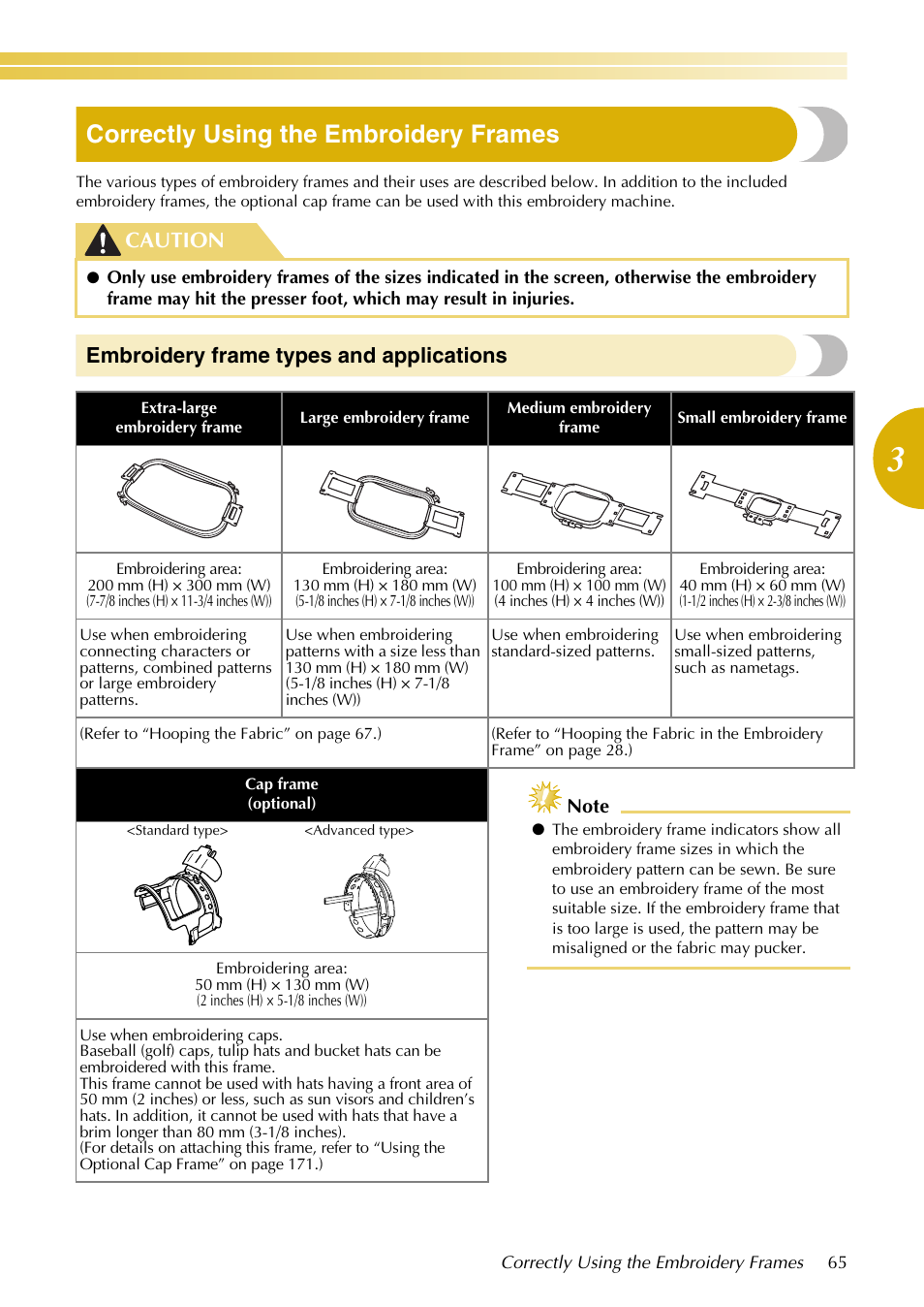 Correctly using the embroidery frames, Embroidery frame types and applications, Caution | Baby Lock EmbroideryPro_BMP8_InstructionRef (BMP8) Instruction and Reference Guide User Manual | Page 82 / 238