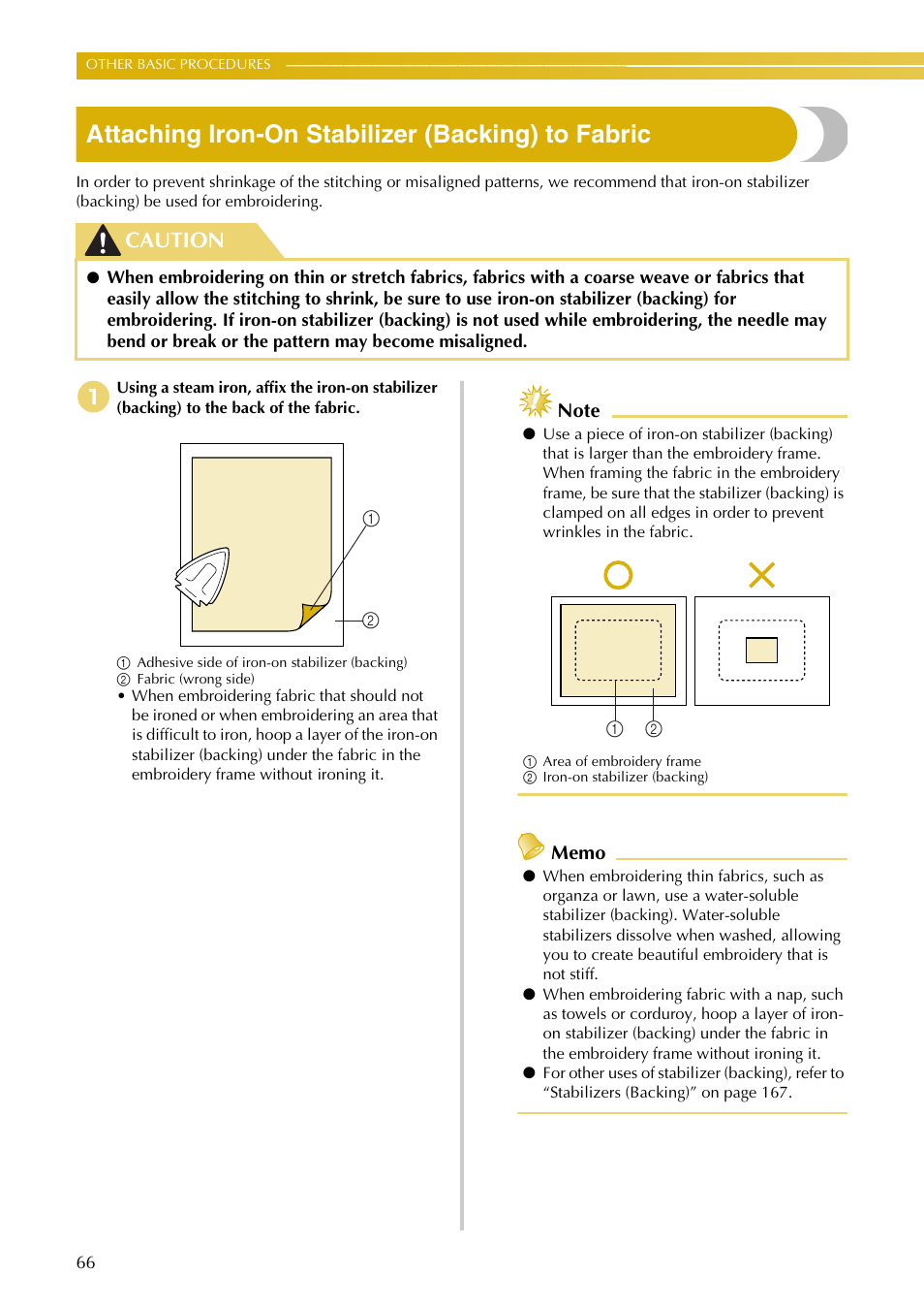 Attaching iron-on stabilizer (backing) to fabric, Caution | Baby Lock EmbroideryPro_BMP8_InstructionRef (BMP8) Instruction and Reference Guide User Manual | Page 83 / 238