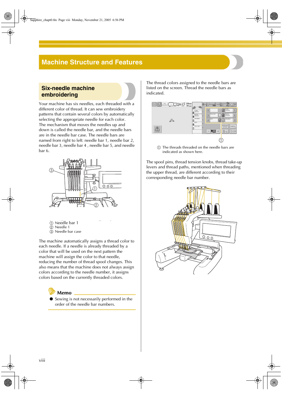 Machine structure and features, Six-needle machine embroidering | Baby Lock EmbroideryPro_BMP8_InstructionRef (BMP8) Instruction and Reference Guide User Manual | Page 9 / 238