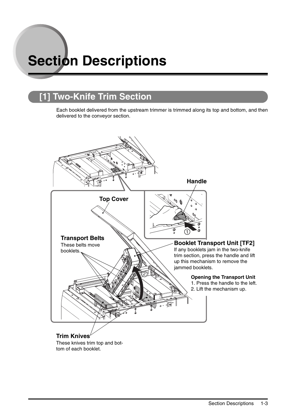 Section descriptions, 1] two-knife trim section, Section descriptions -3 | 1] two-knife trim section -3 | Canon Trimmer User Manual | Page 10 / 26