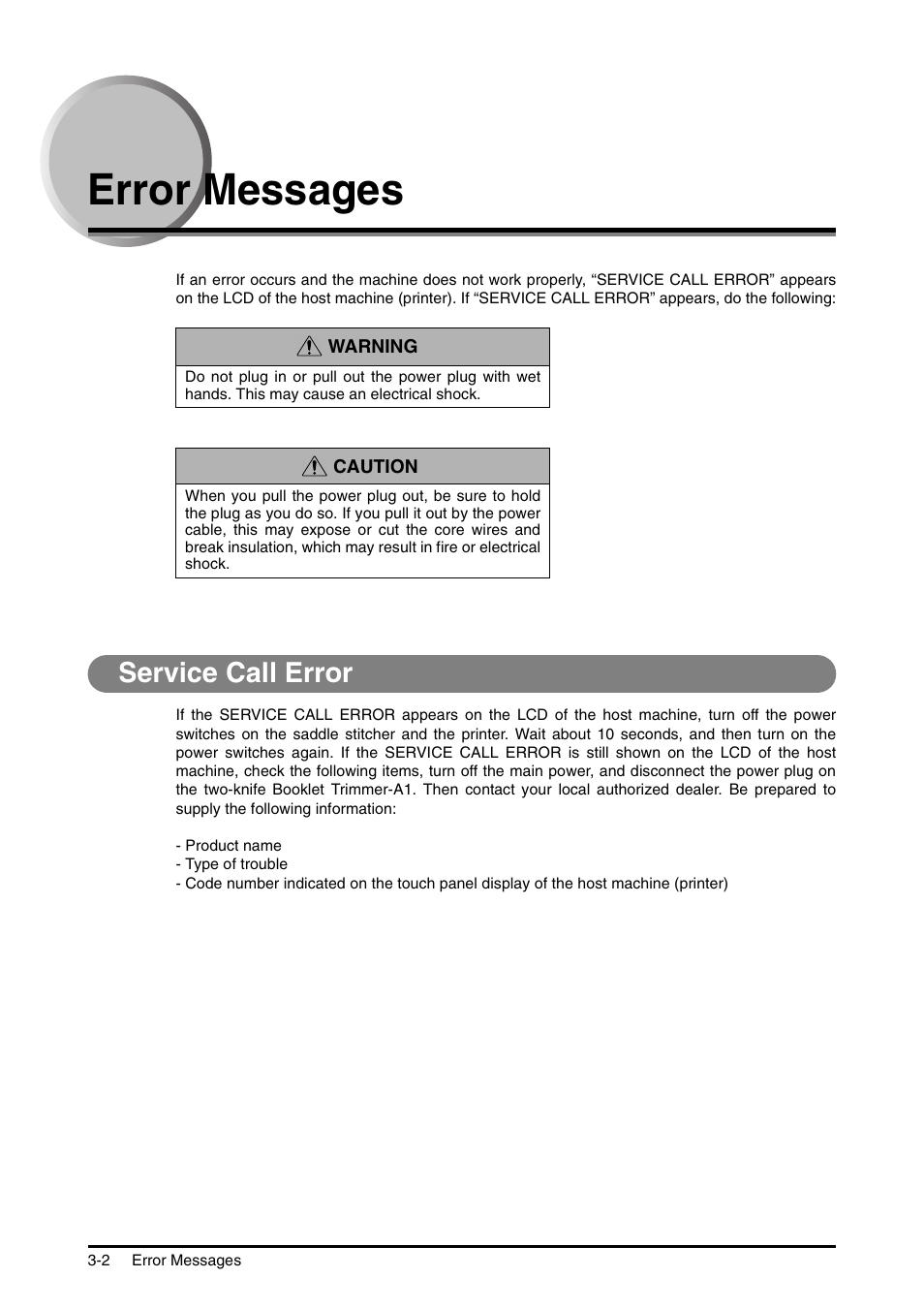 Error messages, Service call error, Error messages -2 | Service call error -2 | Canon Trimmer User Manual | Page 19 / 26