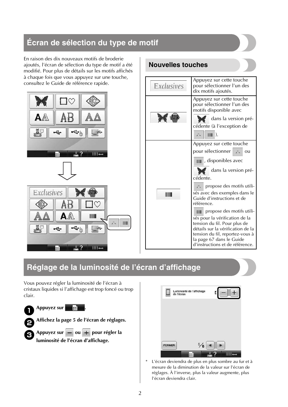 Écran de sélection du type de motif, Réglage de la luminosité de l’écran d’affichage, Nouvelles touches | Baby Lock Endurance (Previous Model) (BND9) Instruction Book Addendum User Manual | Page 16 / 40