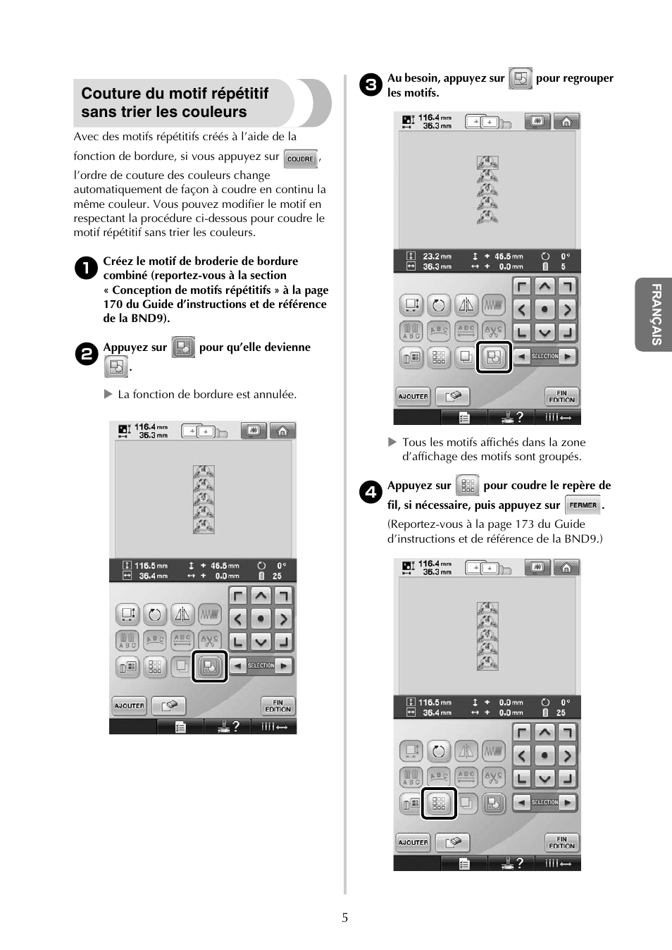 Couture du motif répétitif sans trier les couleurs | Baby Lock Endurance (Previous Model) (BND9) Instruction Book Addendum User Manual | Page 19 / 40