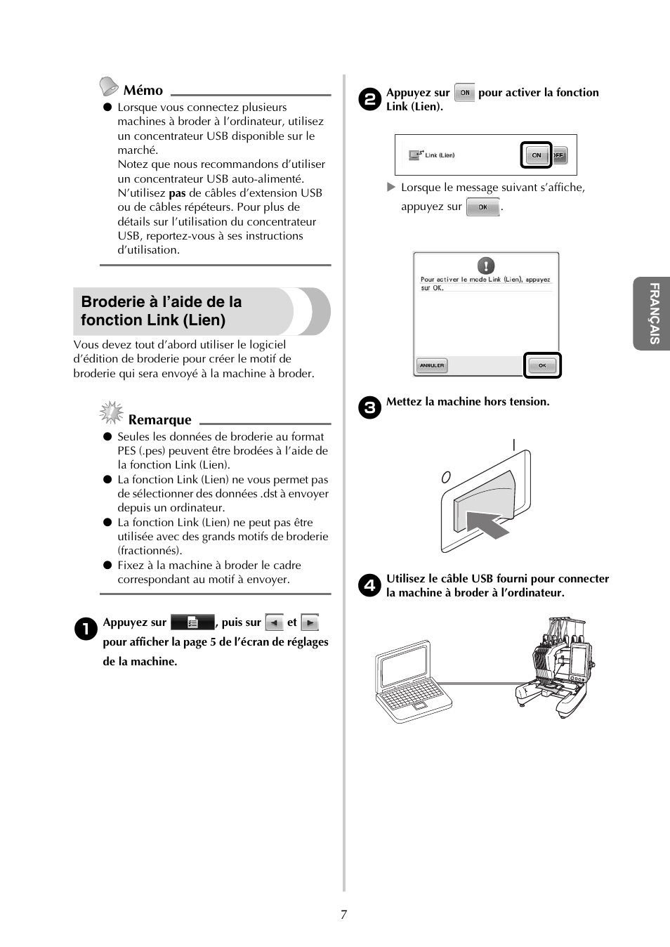 Broderie à l’aide de la fonction link (lien), Mémo, Remarque | Baby Lock Endurance (Previous Model) (BND9) Instruction Book Addendum User Manual | Page 21 / 40